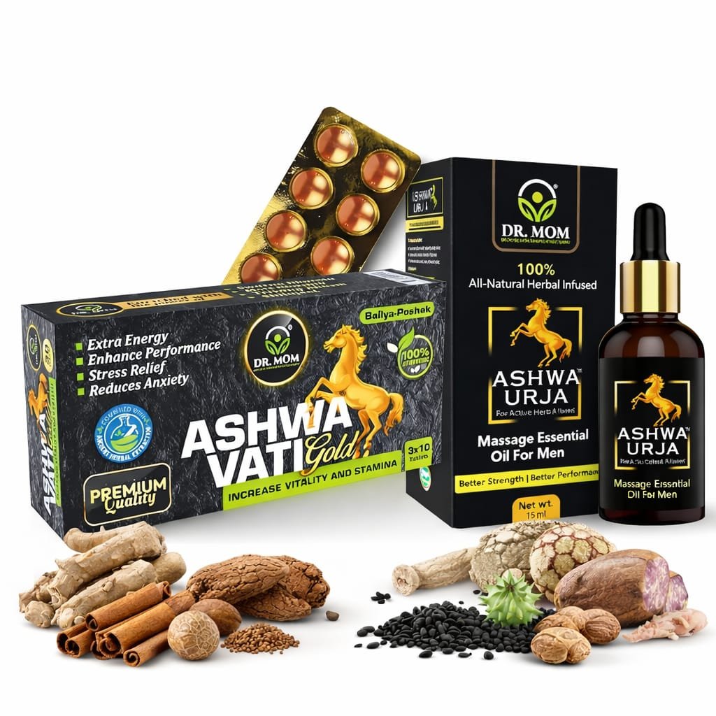 Ashwati Gold Tablet 3x10 Strip + Ashwa Urja Oil 15ml – Premium Ayurvedic Combo Pack - Ayurvedic Medicine by Dr. Mom Herboveda