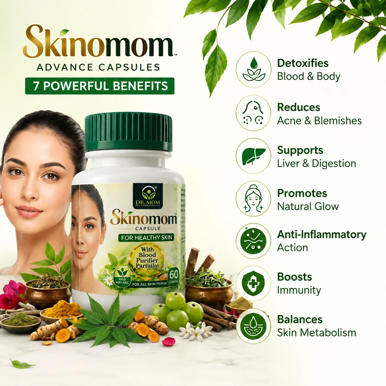Skinomom Advance Capsules For Acne Pimple Scar | Blood Purify Formula 60 Capsules image 2