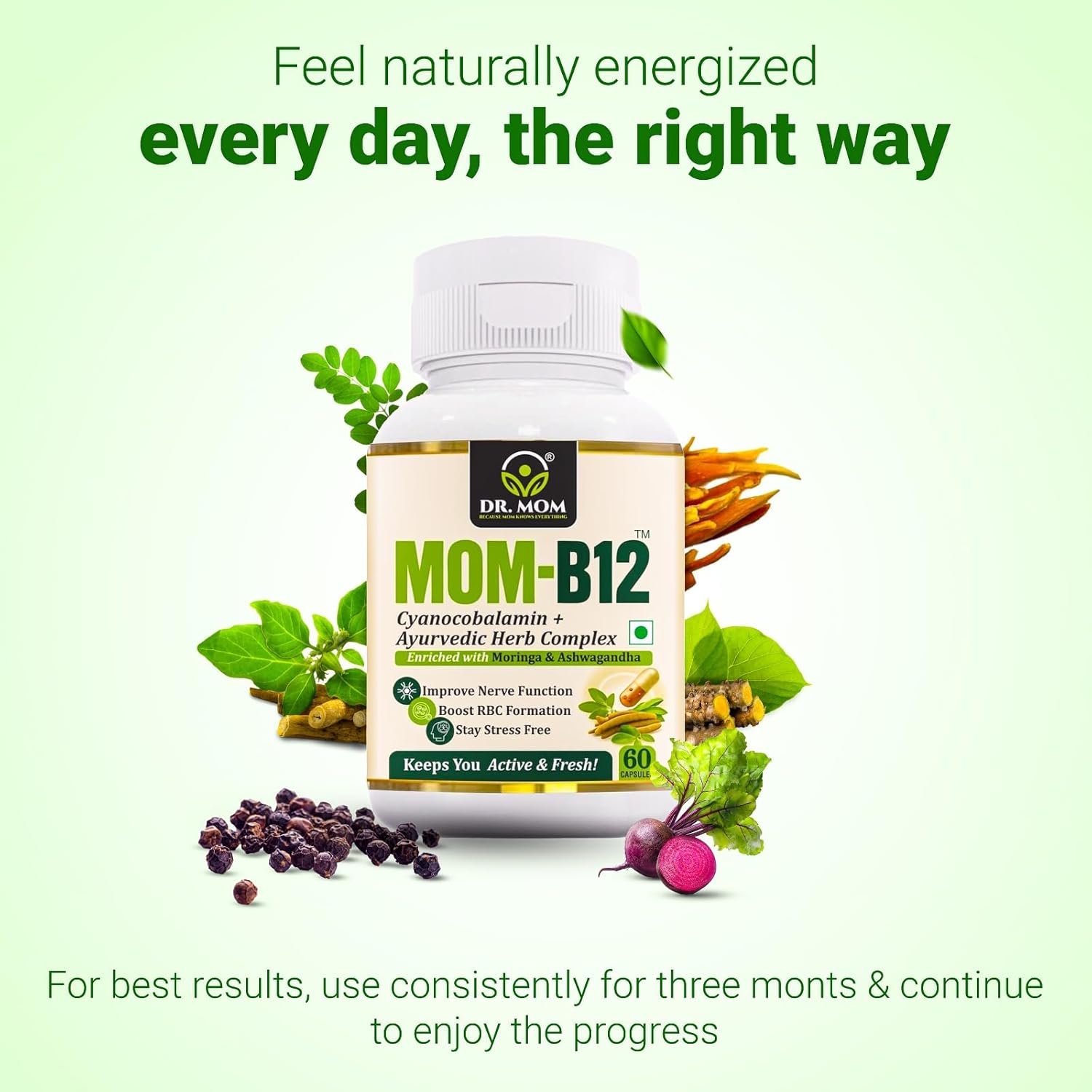 MOM B-12 Veg Capsules - Vitamin B-12 Enriched with Natural Herbs image 3