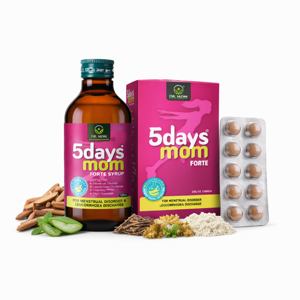 5 Days Mom Forte Combo Pack For Period Pain - Syrup 200ml | 10x10 Tablets - Ayurvedic Medicine by Dr. Mom Herboveda