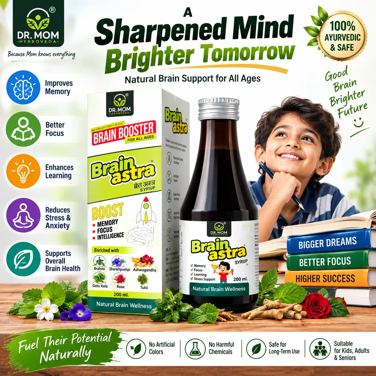 Brain Astra – Ayurvedic Brain Tonic for Memory, Focus & Concentration | Brahmi, Shankhpushpi & Ashwagandha - Ayurvedic Medicine by Dr. Mom Herboveda